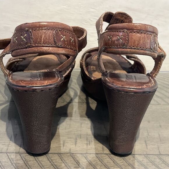 BORN Leather Sandals Heels Strappy Platform BOHO Brown Womens Size 7 buckle leat - Picture 3 of 9